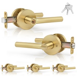 Gaurqiah 5 Pack Wholesale Brushed Gold Round Design Door Handles Keyed Entry Heavy Duty Door Levers with Lock, Interior Reversible Door Handles for Bedroom Bathroom, Satin Brass