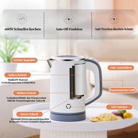 MiliPow 800 ml Travel Kettle, 4 Minutes Fast Cooking, Portable Kettle, Mini Camping Kettle, Travel Kettle, Quiet, Stainless Steel Teapot (White)