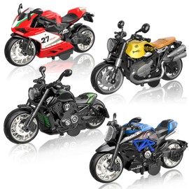 Alloy Metal Diecast Motorcycle Model Toy Set, 4 Pack of 1:12 Scale Die-Cast Motorcycles with Light&Sounds, Pull Back Function Toy Moto Bike for Kids Boys Girls and Collectors Ages 3 and up