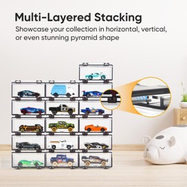 Saichotoy Hot Wheels Display Case: Stackable Toy Car Storage, Transparent Organizer for Matchbox & Hot Wheels 1/64 Scale Diecast Cars (32 Packs, Dark Tint Case Only)