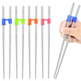5 Pairs Reusable Chopstick Helpers Non Slippery Training Chopsticks for Adult Replaceable Practice Chopsticks Heat Resistant Chopsticks Holder with Clip for Trainer (Silver, Stainless Steel)