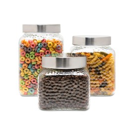 Style Setter Square Canister Set 3-Piece Glass Jars in 43, 64 and 75 ounces Chic Retro Design with Airtight Stainless Steel Lids for Cookies, Candy, Coffee, Flour, Sugar, Rice, Cereal Hammered