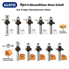 glryd Pack of 5 Rounding Cutter 8 mm Shank, Carbide Radius Cutter with Ball Bearing, Round Over Cutter Bits Radius 2-3-4-5-8, for Carpentry Chamfering Woodworking Trimming