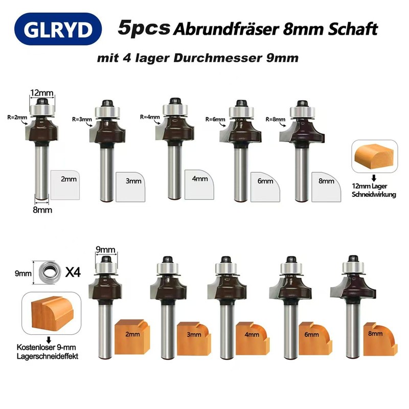 glryd Pack of 5 Rounding Cutter 8 mm Shank, Carbide