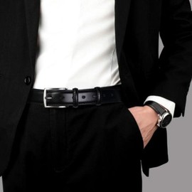 GSG Mens Leather Belts Double Stitched Belts for Jeans, Suits, Work, Uniform with Single Prong Buckle Black 36-40 inch