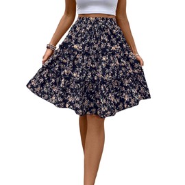 GORGLITTER Women's Floral Skirt Casual Skirt Knee-Length Skirt Casual Skirt Bohemian Skirts A Line Summer Skirt with Elastic Skirt, darkblue, XL