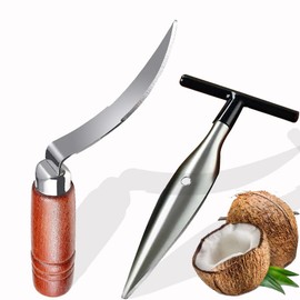 Premium Coconut Opener Tool Set -Stainless Steel Coconut Puncher and Coconut Meat Remover Scraper Knife with Durable Non-Slip Wooden Handle,Coconut Punch Tools