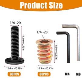 Taiss 30 Sets Threaded Inserts for Wood Furniture Screws 1/4-20 x 3/4",1/4-20 x 19/32" Nut Threaded Wood Inserts Bolt Fastener Connector Hex Socket Drive Screw-in Nuts with Hex Spanner
