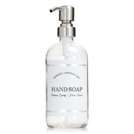 Artanis Home Clear Refillable Hand Soap Dispenser with Pump for Kitchen, Bathroom Sink - Glass Boston Round Soap Bottle - Waterproof Label - 16 oz