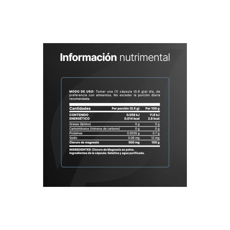Cloruro de Magnesio 500mg | 100 Cápsulas Ingredientes Naturales |