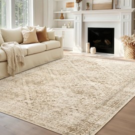 MIULEE 8x10 Vintage Washable Area Rugs Living Room Rug Low Pile Boho Floor Mat for Bedroom Dining Room Under Kitchen Table, Non-Slip Stain Resistant Soft Large Carpet for Home Decor, Neutral Beige