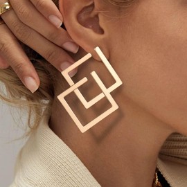 Vacaonio Exaggerate Geometric Square Earrings Large Hollow Square Dangle Earrings Double Square Gold Earrings Square Shape Earrings Geometric Earrings Jewelry for Women