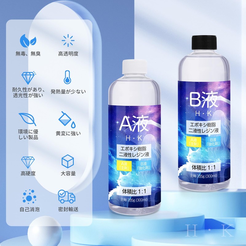 [H・K] Epoxy Resin, 2-Part Resin Liquid, UV Free, Highly Transparent,