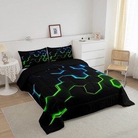 Castle Fairy Honeycomb Bedding Comforter Set Full Size,Geometry Hexagon Theme with Green Blue Neon Lights Quilt Set,Boys Teen Man Chic Creative Home 3pcs Duvet 2 Pillowcases,Black WWS13396ZMD-BZ USf