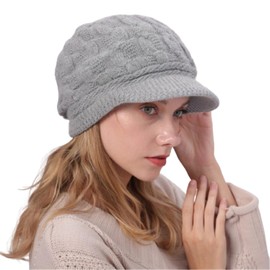 Michear Fleece Lined Women's Beanie Hats, Winter Thermal Wooly Crochet Cap, Warm Knitted Beret with 2.4-Inch Windproof Visor (UK, Alpha, One Size, Grey)