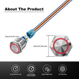 FICOLPO 2 Pcs 22mm 10 Amp Latching Push Button Switches with Ring Led Indicator, 7/8'' Mounting Hole 1NO 1NC Waterproof Metal Self-Locking Switch with Wire Socket for Industry, Automobile (Red)