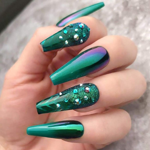 Brishow Coffin False Nails Long Fake Nails Green Ballerina Acrylic Press on Nails Full Cover Stick on Nails 20pcs for Women and Girls (Green)