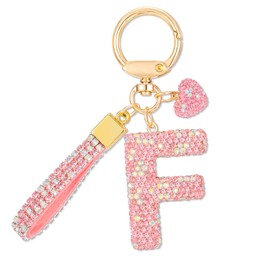 MWOOT Pink Car Keychains Gift for Women Girls Initial Letter Keychain Cute Bling Keychains keyrings Bling Letter Pendant for Purse Backpack Handbag Charms,Letter F