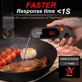 ATOGOU Thermocouple Faster Instant Read Meat Thermometer ±0.3°C, 0.5 Second Response Time, IP67 Waterproof & Backlight, For Meat/Candy/Grill/BBQ etc. TH-21(Black)