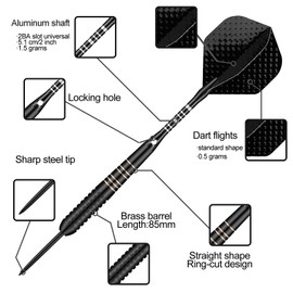 sanfeng Darts with metal tip, 3 pieces. 23 g steel darts, steel darts with aluminium shaft, 9 flights, 50 anti-loosening rubber rings, 12 spring rings, 1 dart tool sharpener
