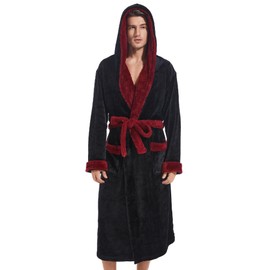 Inner Wish Mens Hooded Robe, Plush Long Bath robes Cozy Warm Bathrobe Fuzzy male Spa Robe With Pockets,BLACK+BURGUNDY,S/M