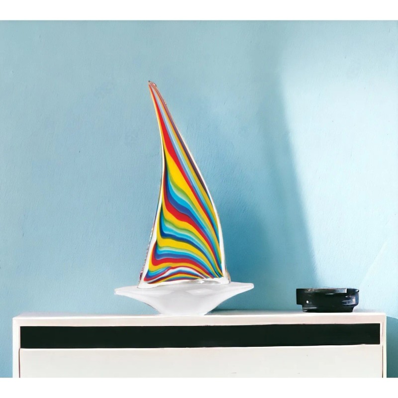 Homeroots 14" Clear Red Blue Yellow Murano Glass Sailboat Tabletop