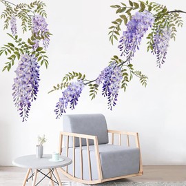 Runtoo Hanging Purple Flower Wall Art Stickers Wisteria Floral Wall Decal for Living Room Bedroom Baby Girls Nursery Wall Decor