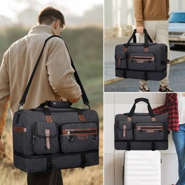 WITZMAN Canvas Weekender Bag Mens Overnight Bag for Traveling Carry on Duffle Bags with Shoes Compartment（A8010 Black）