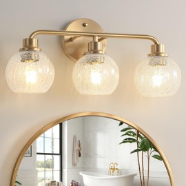 Watyo Bathroom Light Fixtures Gold Vanity Light 3 Light Wall Sconces Lighting Brushed Brass Lights with Crackle Globe Glass Shades Bath Wall Lamp for Mirror Kitchen Living Room Bedroom Hallway