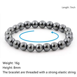 Natural Gemstone Bracelet 8mm Chakra Round Beads Crystal Reiki Healing Elastic Stretch Stone Bracelets for Women Men 7 Inch (Hematite)