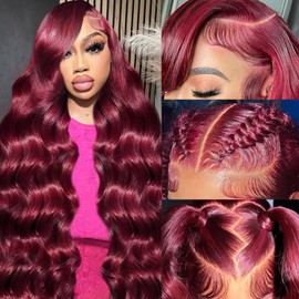 Lukymart Lukymart 28 Inch 99J Burgundy Lace Front Wigs Human Hair 13x6 HD Transparent Body Wave Lace Front Wigs Human Hair Pre Plucked 99j Burgundy Red Wine Glueless Human Hair Wigs for Women