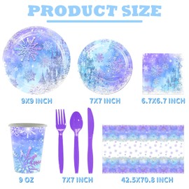 Snowflake Party Supplies-Complete Pack Snowflake Party Tableware Set Blue Purple Snowflake Party Plates Cups Napkins Tablecloth Serves 10 People for Snowflake Winter Party Decorations