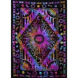 ICC Purple Burning Sun Tie Dye Tapestry Celestial Sun Moon Planet Bohemian Wall Hanging Boho Hippie Hippy Tapestry Beach Coverlet Curtain (Multi Purple, Twin 54 x 84 inches)