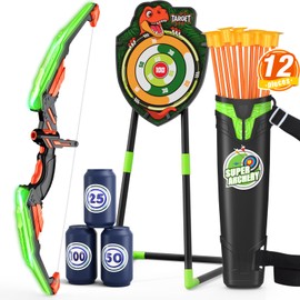 HYES Bow and Arrow for Kids, LED Light Up Archery Set with 12 Suction Cup Arrows, 1 Standing Target, 3 Score Targets & 1 Quiver, Indoor Outdoor Sport Gifts for Boys Girls Ages 4-12, Green