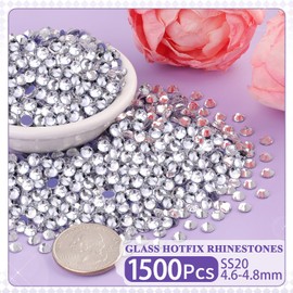 1500Pcs Hotfix Rhinestones for Clothing, Clear SS20 Iron On Flatback Glass Gems, Bedazzler Crystals Rhinestones for Crafting Clothes Hats Shoes Fabric Bedazzling Decor Nail Art