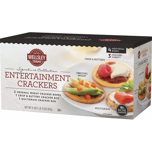 Wellsley Farms Entertainment Crackers 4 Box Variety Pack (1lb 15 oz) 2 Original Wheat, 1 Crisp & Buttery, 1 Multigrain