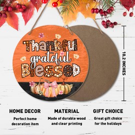 Thankful Grateful Blessed Christian Thanksgiving Wooden Sign Wall Decor, Farmhouse Orange Pumpkin Christian Fall Thanksgiving Wood Hanging Signs Decorations for Home Office Kitchen Front Door