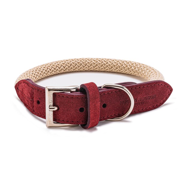 HUGO & HUDSON Leather Pet Dog Collar - Strong Metal Buckle and Adjustable Comfortable Padded Collars for Small, Medium and Large Dogs - Rope and Burgundy - 65