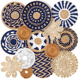Xuhal 15 Pcs Boho Wall Basket Decor Handcrafted Seagrass Woven Wall Basket Rustic Round Woven Hanging Art for Home Farmhouse Kitchen Table Living Room(Blue Classic Style)