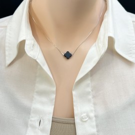 Black Onyx Clover Necklace for Women, Black Onyx Clover Bead on Sterling Silver Necklace Chain, Good Luck Charm Layering Choker Necklace (20 inches)