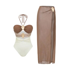 SOLY HUX Women's One Piece Swimsuit Metal Decor Cut Out Halter Bathing Suit with Mesh Maxi Cover Up Skirt Multicoloured Large