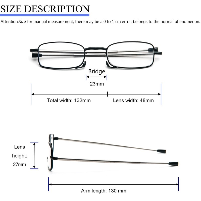 prtcslwd 3 Pack Folding Reading Glasses Stainless Steel Mini Anti-Blue