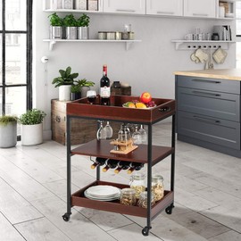 Giantex Kitchen Island Cart Rolling Industrial Style Trolley 3-Tier Serving Cart Utility Cart Wood Kitchen Stand with Glasses Holder and Wine Bottle Rack, Metal Frame and Castors, Rustic Brown