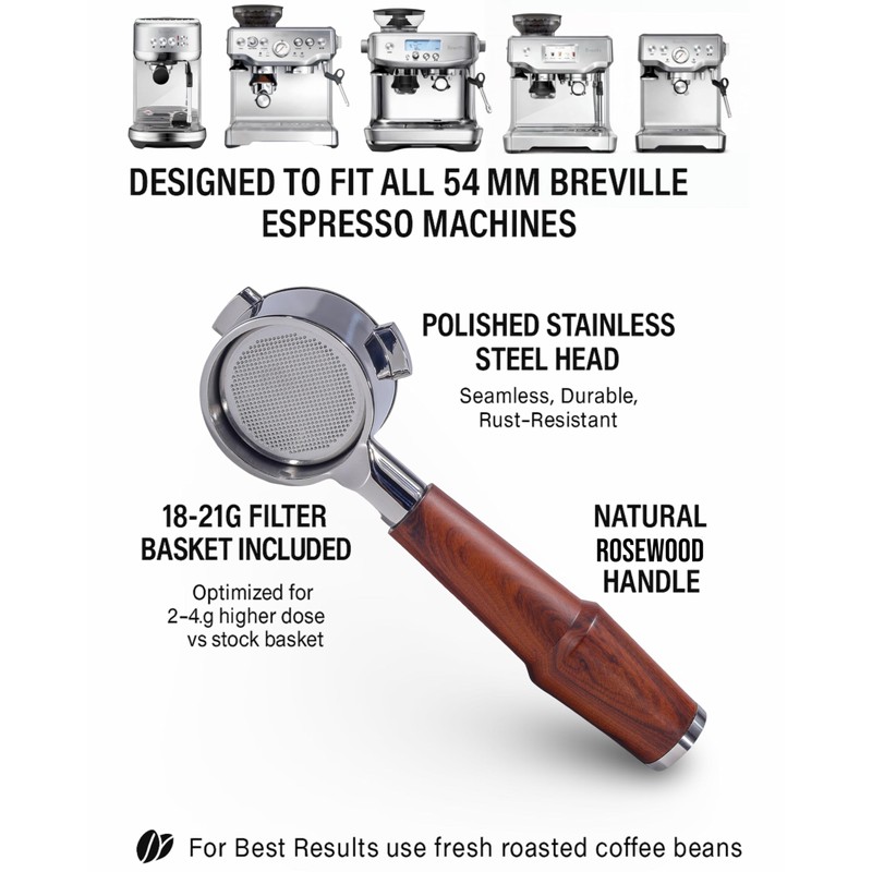 KNODOS 54mm Bottomless Portafilter Breville Compatible Rosewood Handle & Naked