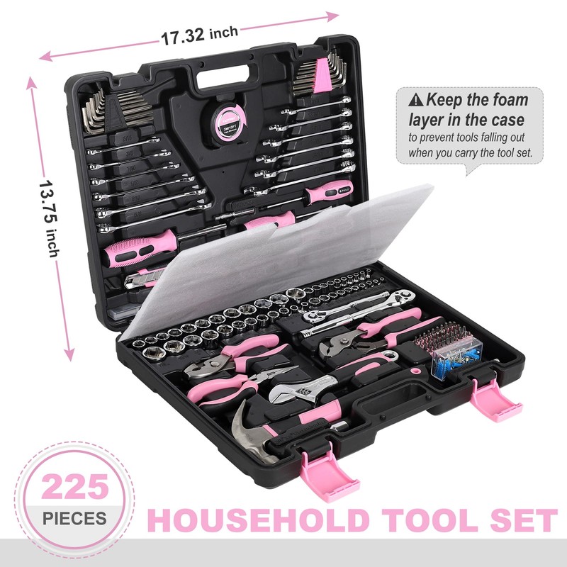 FASTPRO 225-Piece Pink Tool Set, SAE & Metric Mechanics Hand