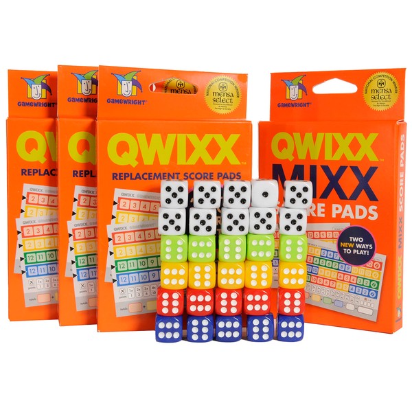 Deluxe Games and Puzzles Qwixx Score Sheets 4 Pack with Qwixx Compatible ‘Socially-Distanced’ Game Dice Quantity = 30, Bundled