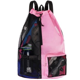 WANDF Swim Bag Mesh Drawstring Backpack with Wet Pocket Beach Backpack for Swimming, Gym, and Workout Gear(XL-Pink)