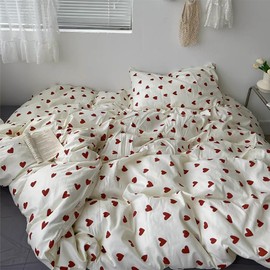 Michorinee Red Heart Single Duvet Cover Set 100% Cotton Love Hearts Print Bedding Quilt Cover 135x200 cm with Zipper Closure and Pillowcase 50x75 cm