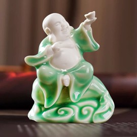 Houlu Small Green Fat Laughing Buddha Statue for Good Luck, Ceramic Happy Buddha Statue for Home Décor
