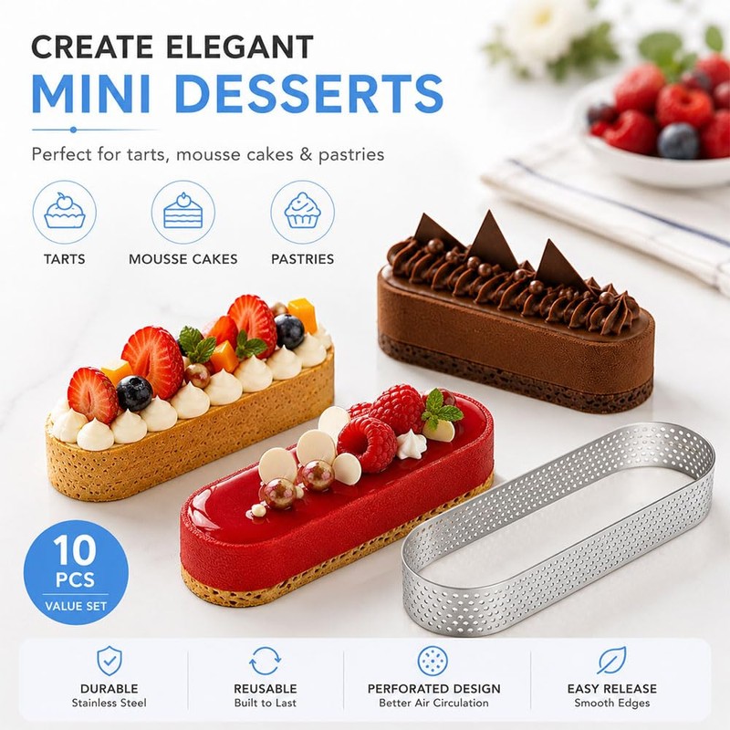 Pilikoll 10 Pcs Oval Perforated Tart Ring Set for DIY